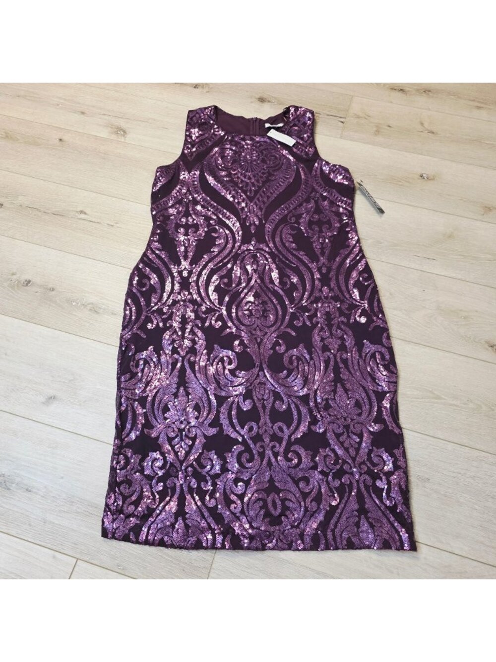 Purple Sleeveless Cocktail Sequin Paisley Sheath Dress Regal Glamour Sz Lg